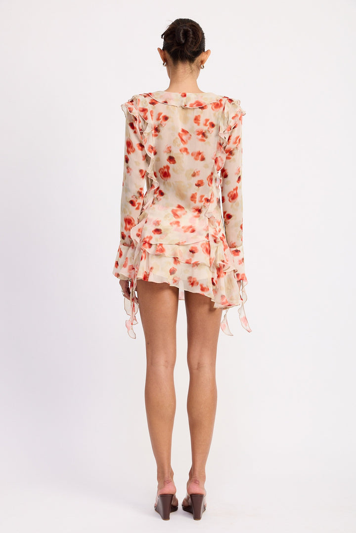 Layered Ruffle Mini Skirt In Sheer Floral Print