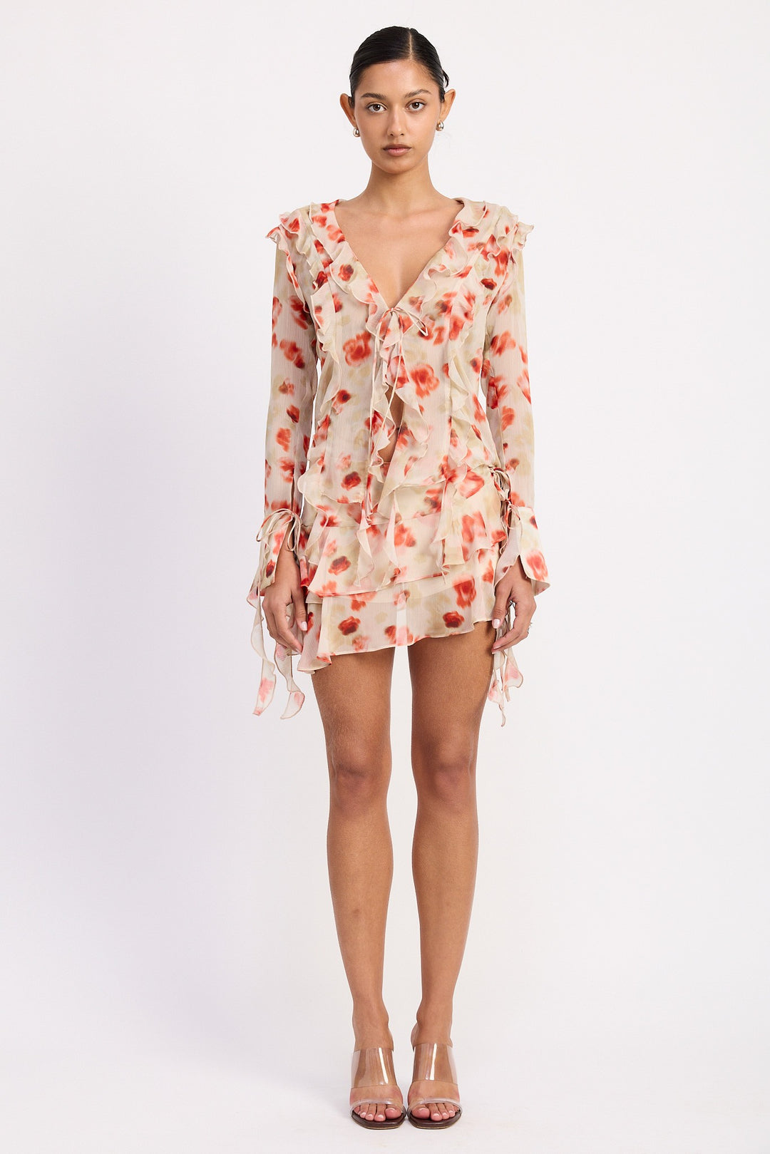 Layered Ruffle Mini Skirt In Sheer Floral Print