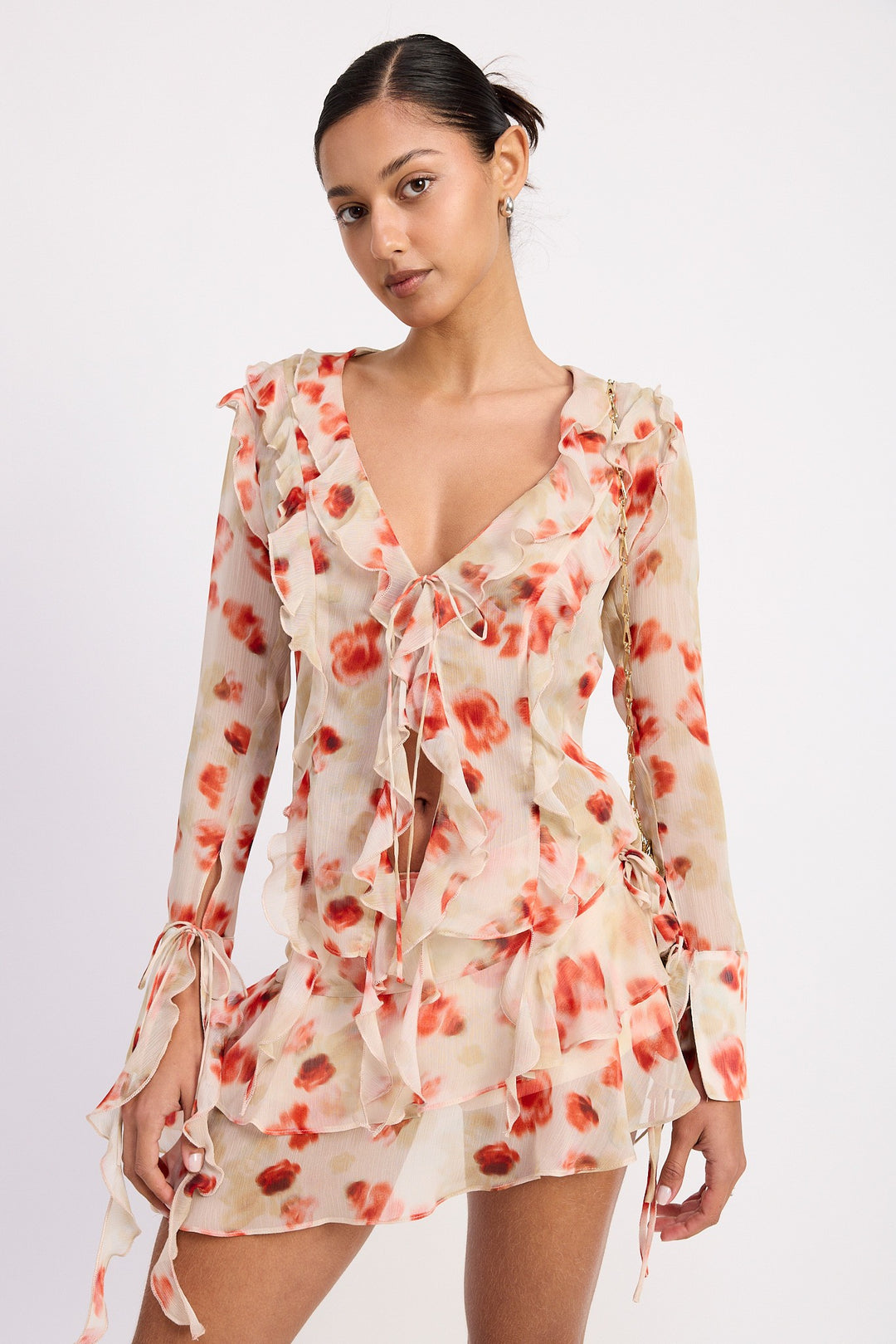 Tomato Floral Layered Ruffle Mini Skirt In Sheer Floral Print