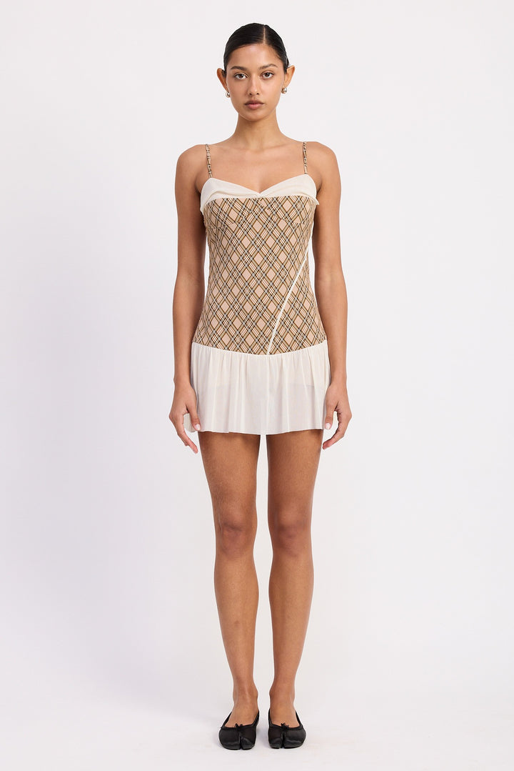 Plaid Ruched Mini Dress With Contrast Trim