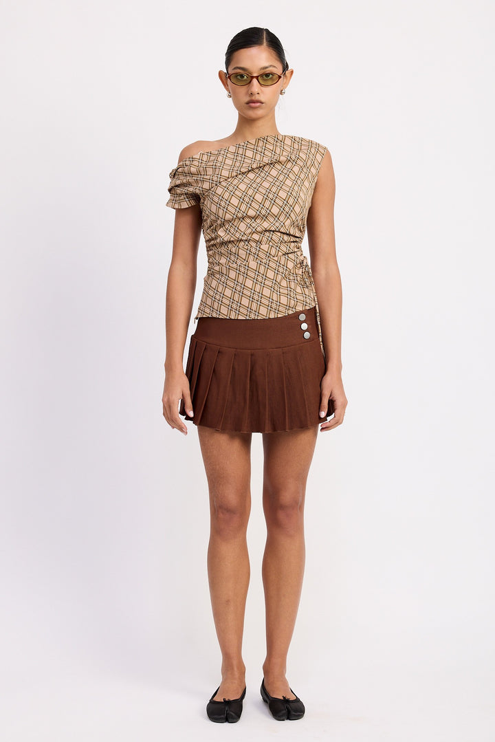 Asymmetric One Shoulder Ruched Plaid Top