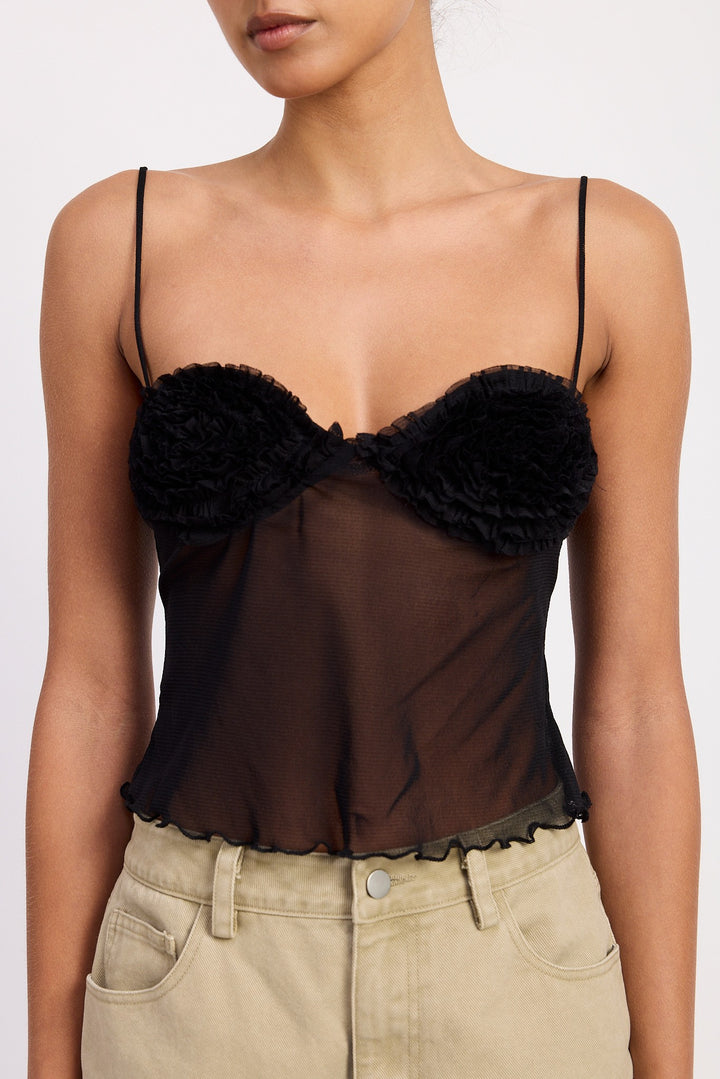 Black Sheer Mesh Floral Cup Cami Top