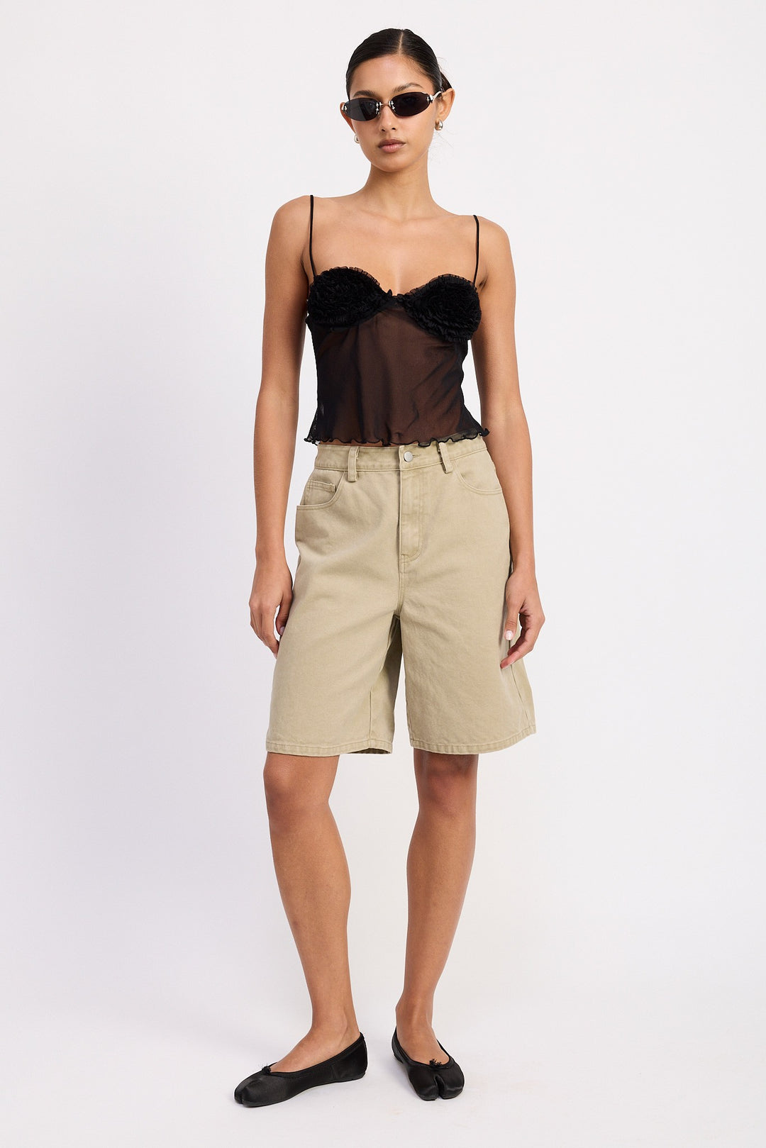 Off White Sheer Mesh Floral Cup Cami Top