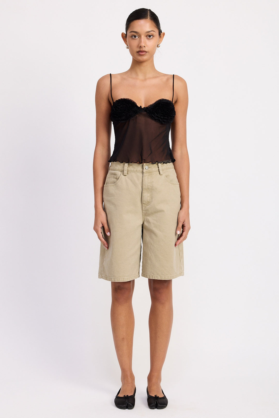 Off White Sheer Mesh Floral Cup Cami Top