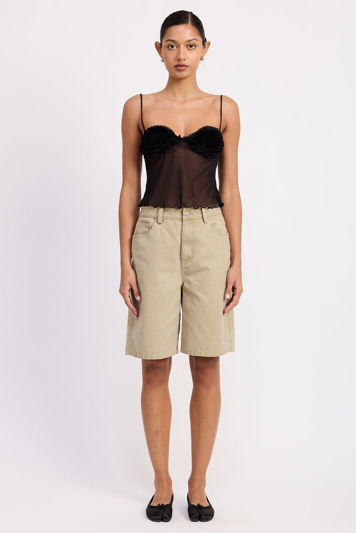 Off White Sheer Mesh Floral Cup Cami Top