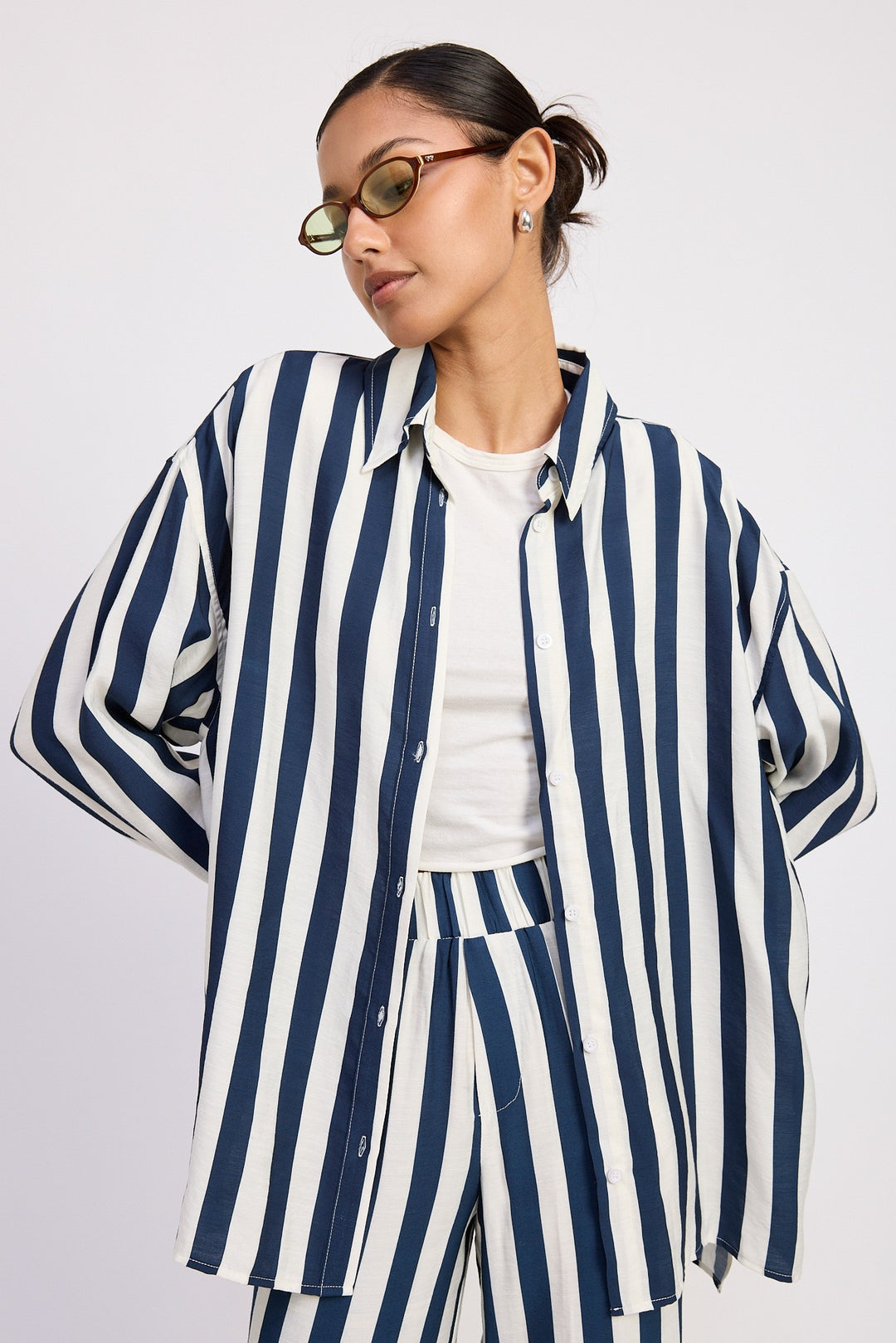 Navy Relaxed Fit Vertical Stripe Button Up Shirt
