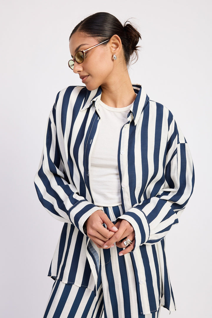 Relaxed Fit Vertical Stripe Button Up Shirt