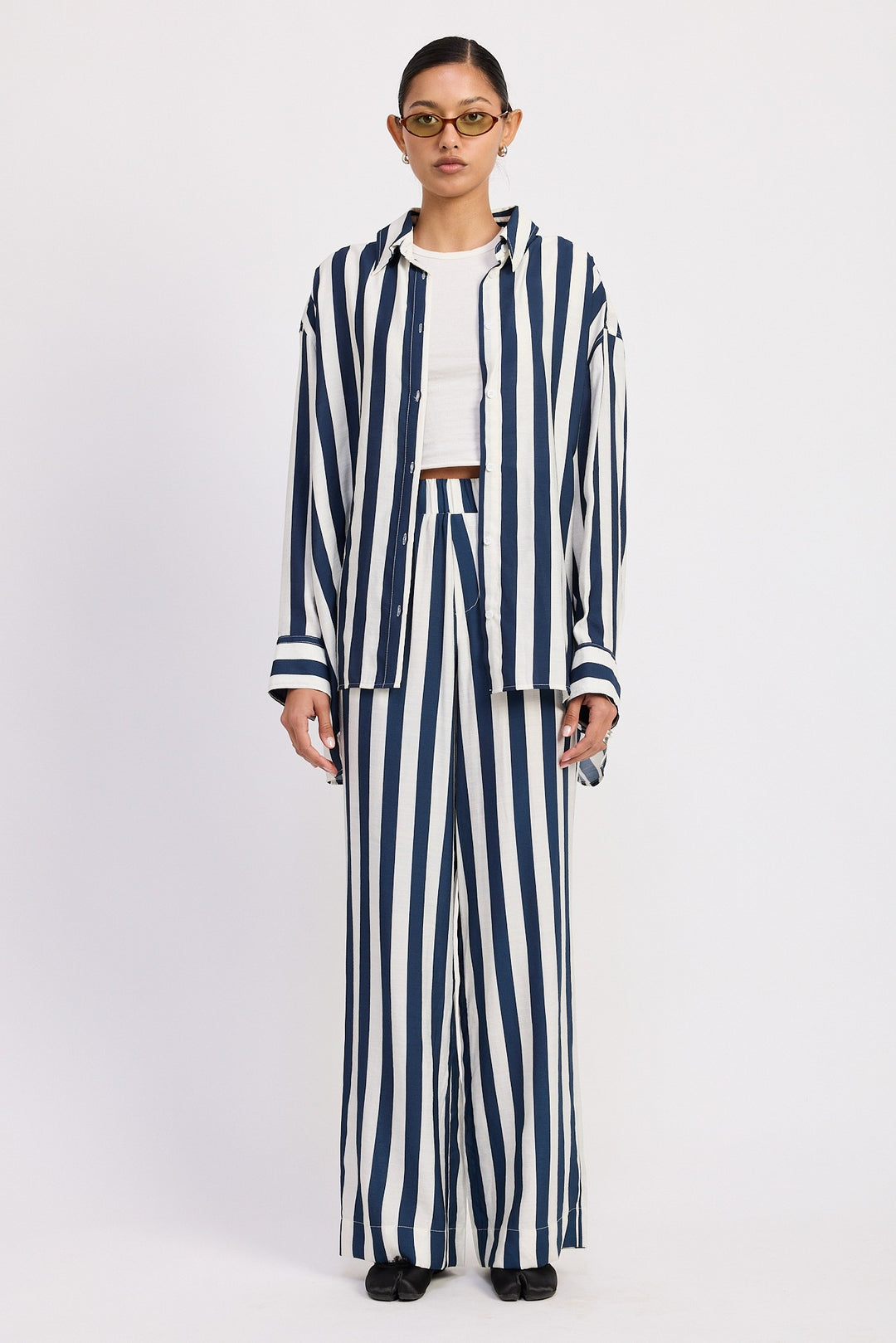 Relaxed Fit Vertical Stripe Button Up Shirt