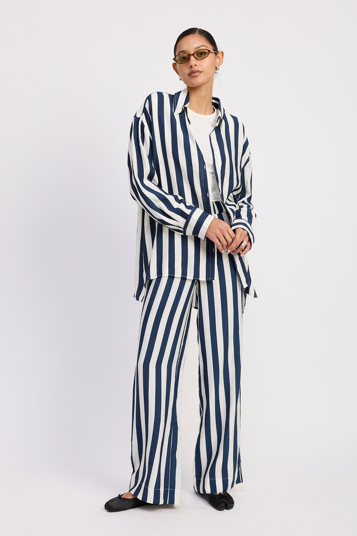 Navy Relaxed Fit Vertical Stripe Button Up Shirt