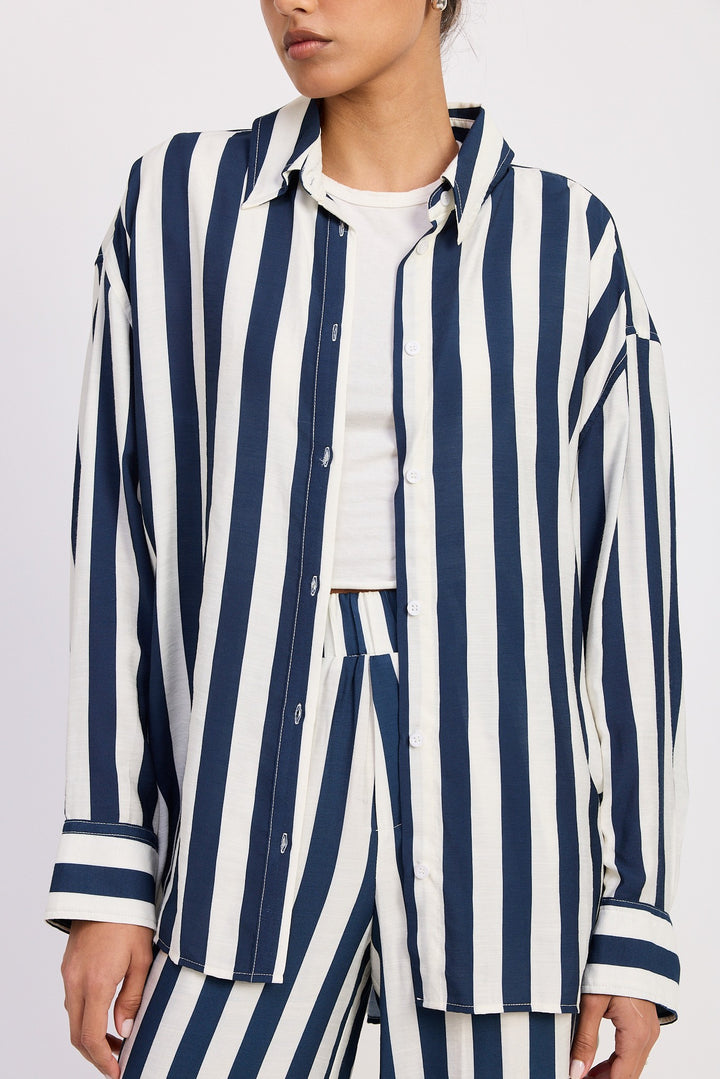 Navy Relaxed Fit Vertical Stripe Button Up Shirt