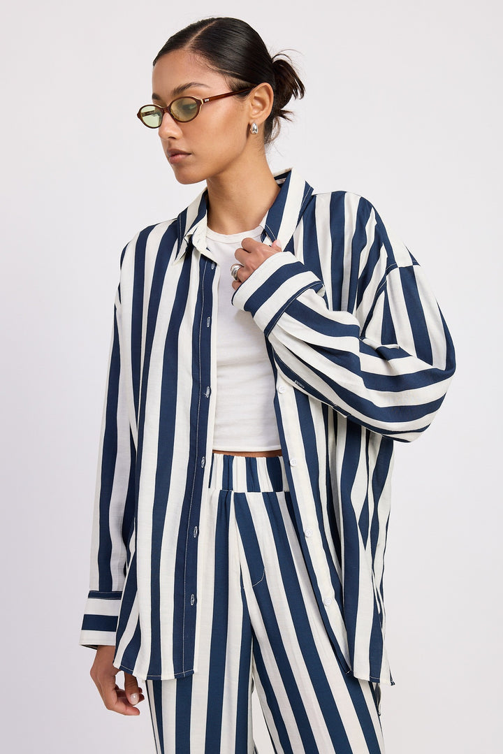 Relaxed Fit Vertical Stripe Button Up Shirt