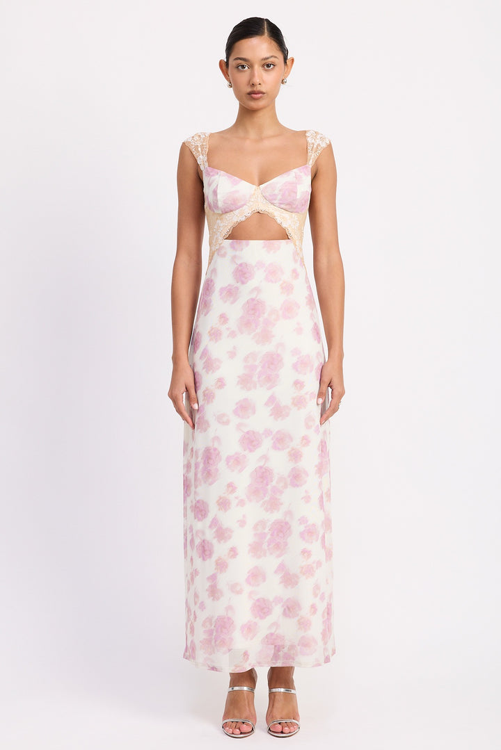 Floral Mesh Lace Trim Maxi Dress With Bust Cutout