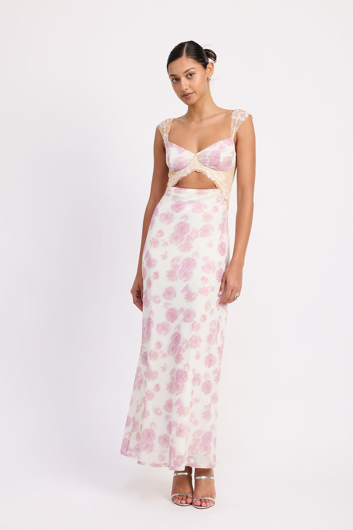 Floral Mesh Lace Trim Maxi Dress With Bust Cutout