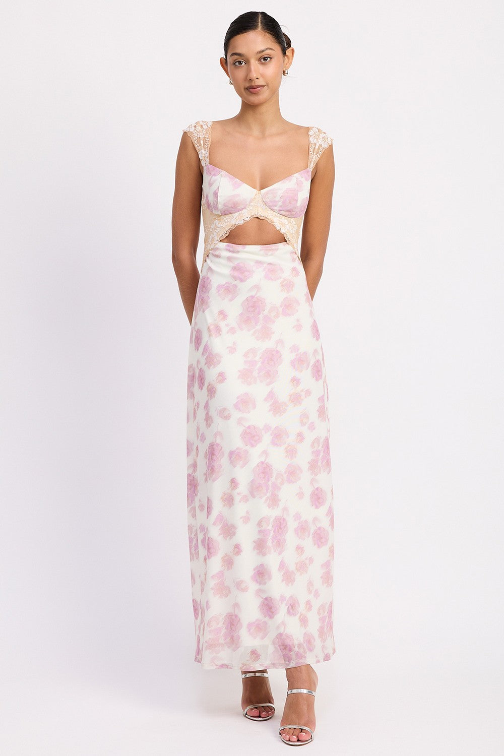 Purple Floral Floral Mesh Lace Trim Maxi Dress With Bust Cutout