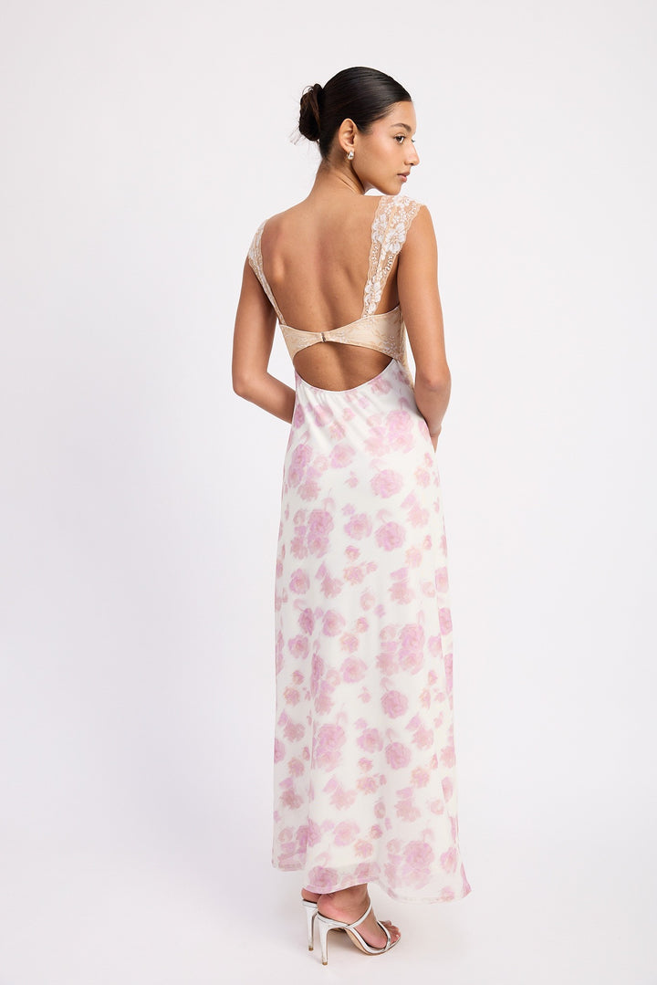 Floral Mesh Lace Trim Maxi Dress With Bust Cutout