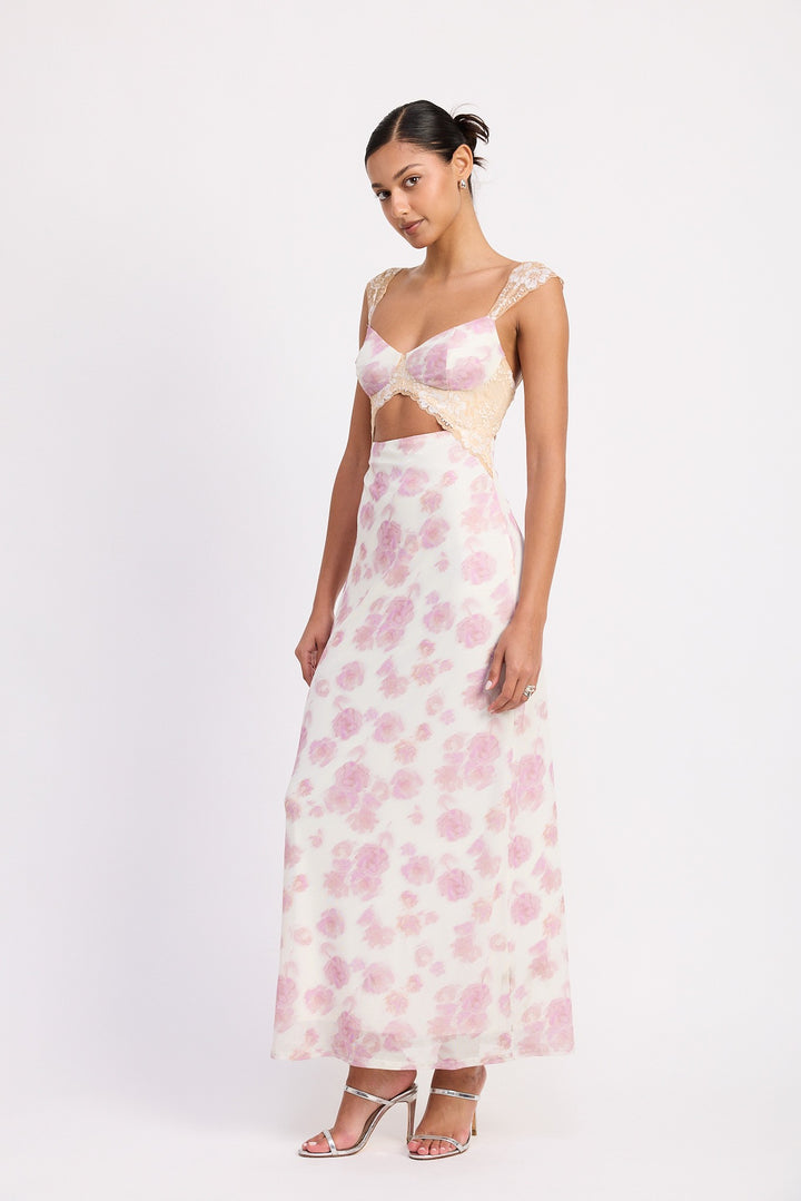 Floral Mesh Lace Trim Maxi Dress With Bust Cutout
