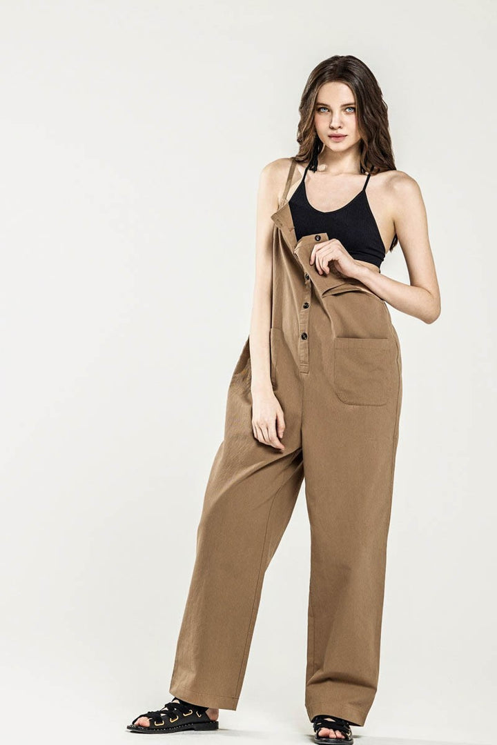Plus Button Down Sleeveless Overall Jumpsuit