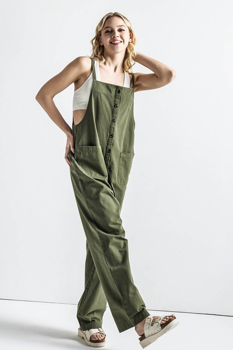 Sand Plus Button Down Sleeveless Overall Jumpsuit