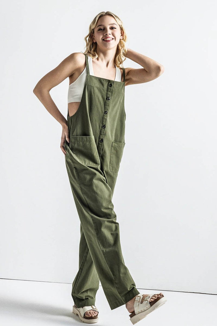 Sand Plus Button Down Sleeveless Overall Jumpsuit