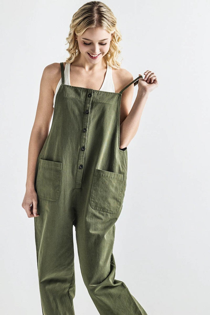 Camel Plus Button Down Sleeveless Overall Jumpsuit