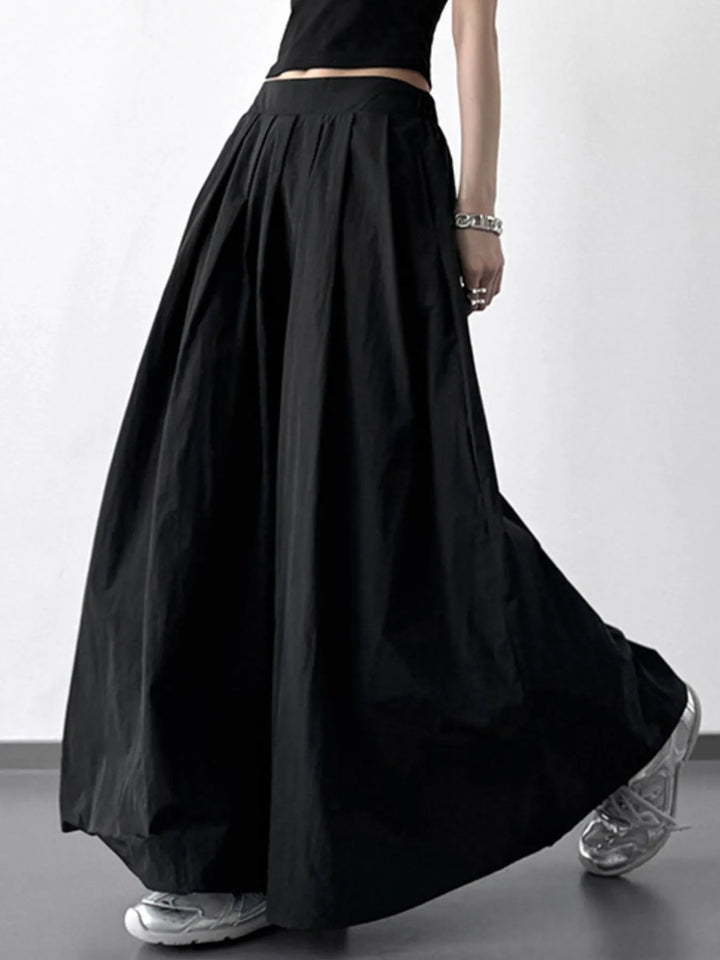 Black Pleated Linen Maxi Skirt