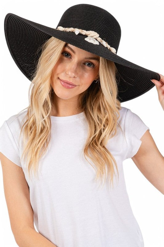 Black Sea Shell Rope Hat Band Floppy Sun Hat