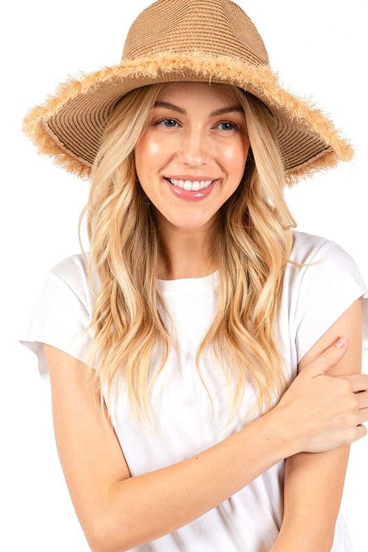 White Frayed Band 2 Tone Straw Sun Hat
