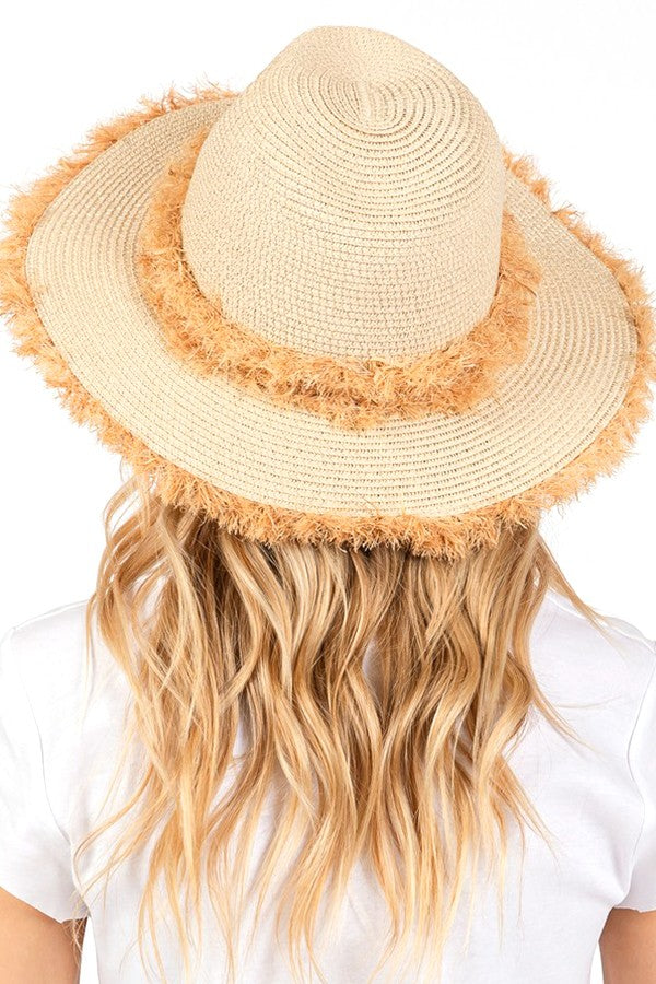 Taupe Frayed Band 2 Tone Straw Sun Hat