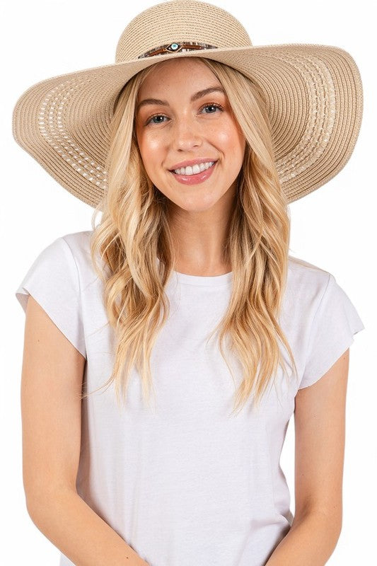 White Evil Eye Hatband Floppy Straw Sun Hat