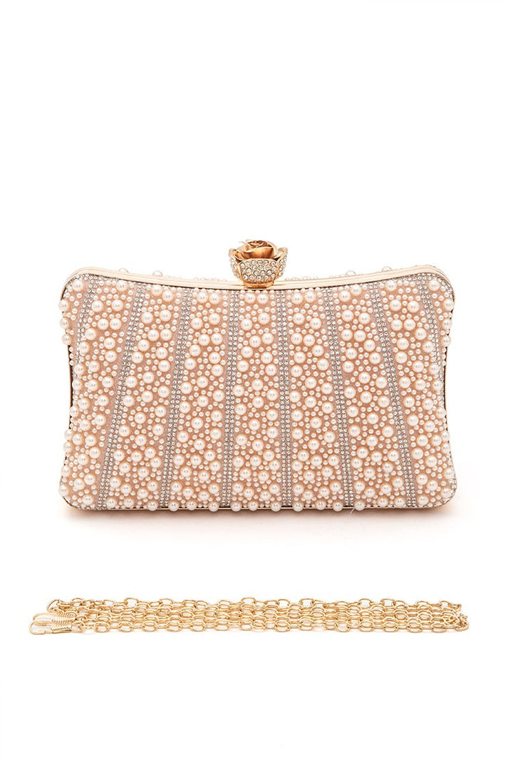 Champagne Pearl Rhinestone Evening Formal Box Clutch