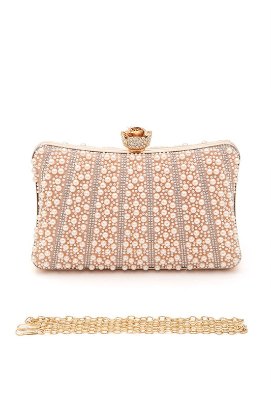 Champagne Pearl Rhinestone Evening Formal Box Clutch