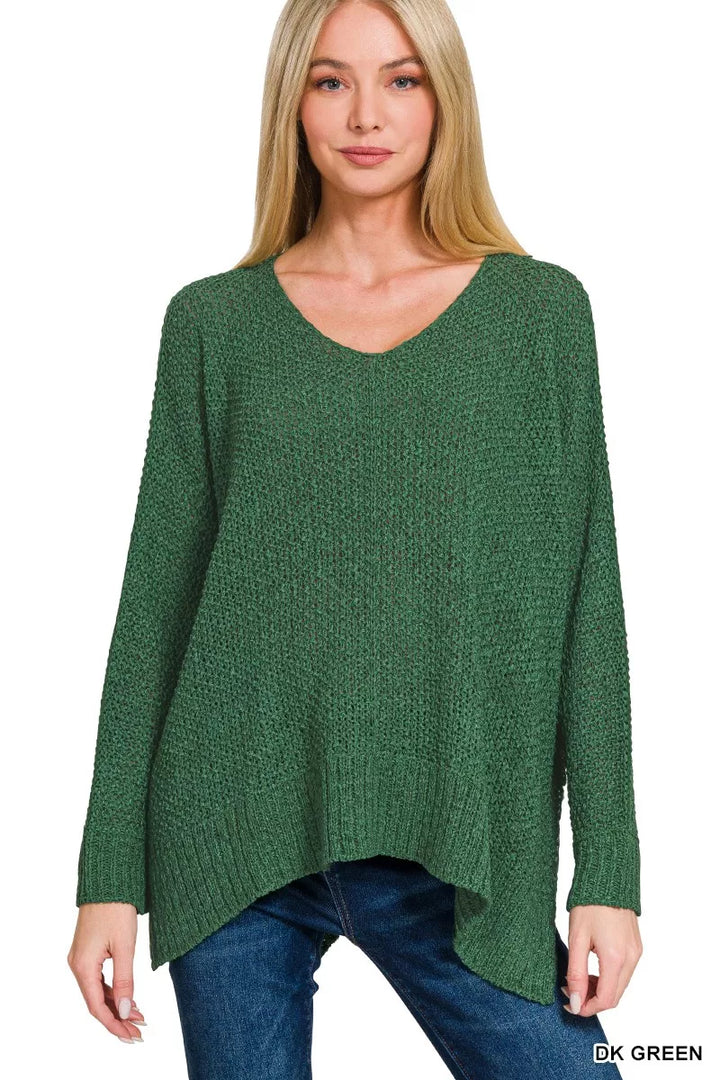 Dk Green Zenana Dolman Sleeve V Neck Sweater