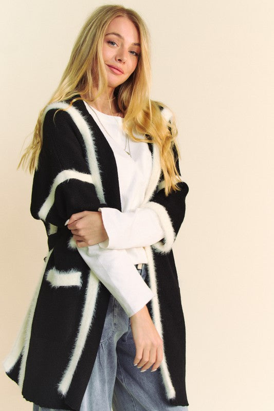 Davi Dani Fuzzy Trim Open Front Loose Fit Cardigan