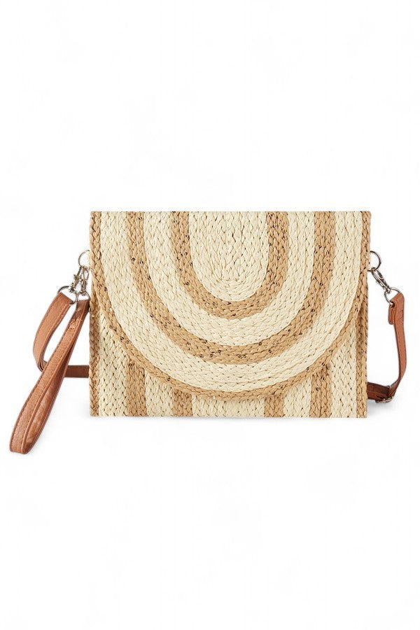 Taupe 2 Tone Straw Summer Crossbody Swing Clutch