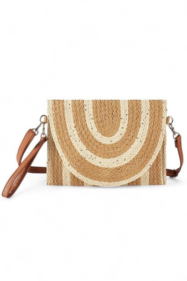 Beige 2 Tone Straw Summer Crossbody Swing Clutch