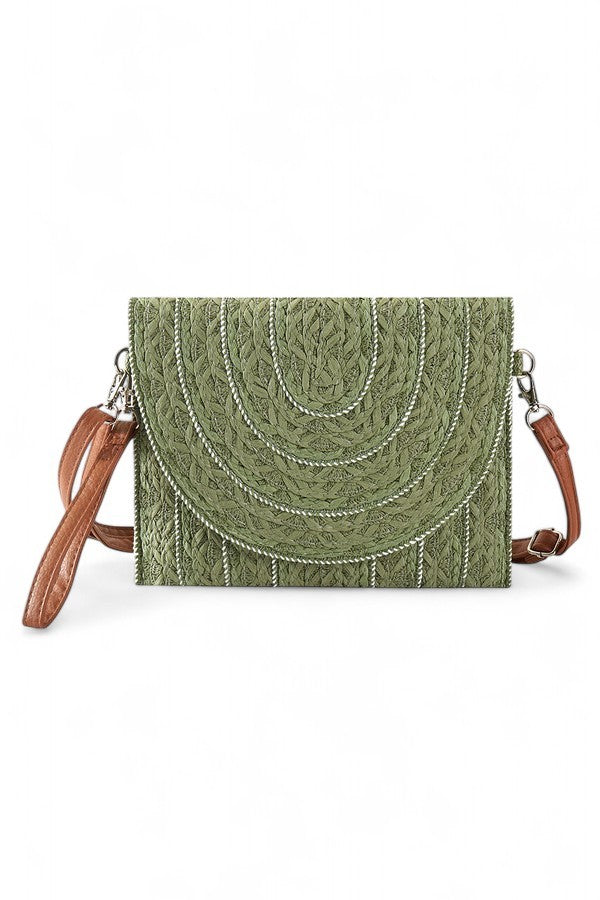 Black Contrast Piping Straw Summer Crossbody Clutch