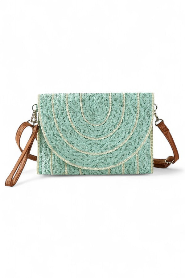 Beige Contrast Piping Straw Summer Crossbody Clutch