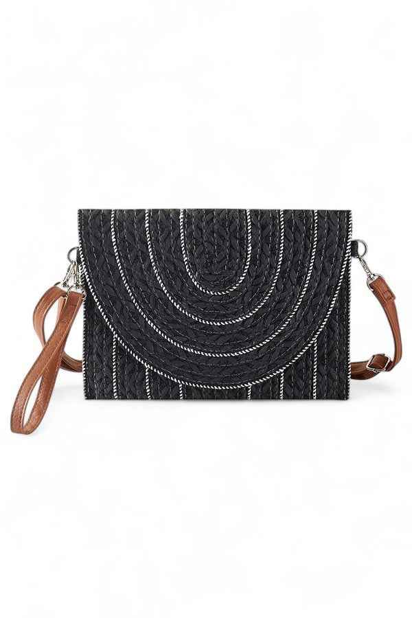 Pink Contrast Piping Straw Summer Crossbody Clutch
