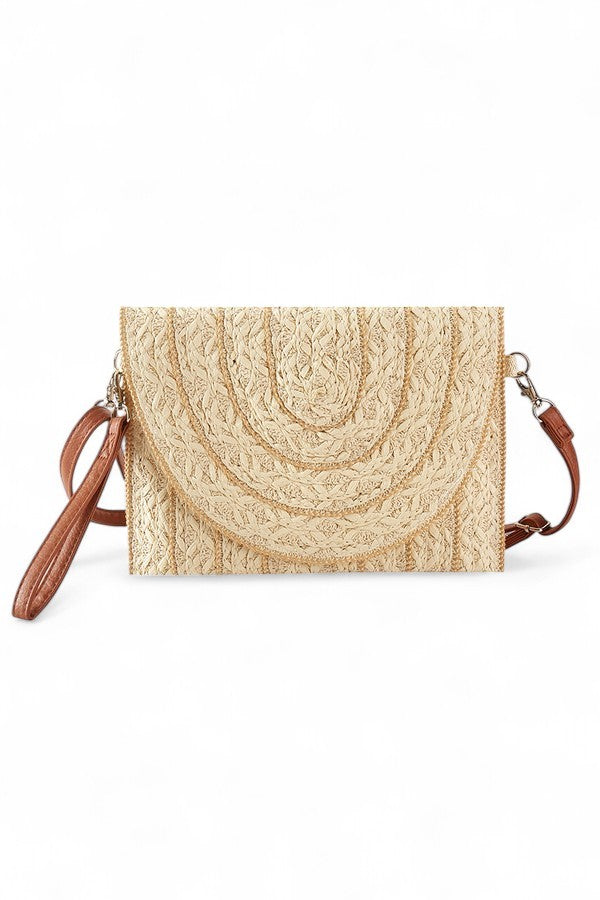 Olive Contrast Piping Straw Summer Crossbody Clutch