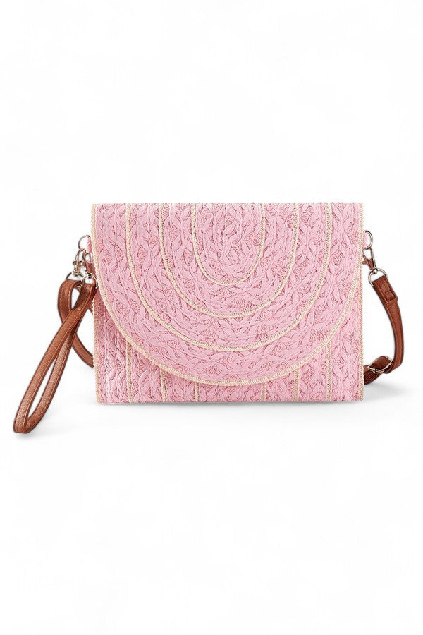 Mint Contrast Piping Straw Summer Crossbody Clutch