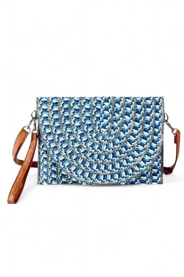 Beige Mix Tone Faux Straw Convertible Crossbody Clutch