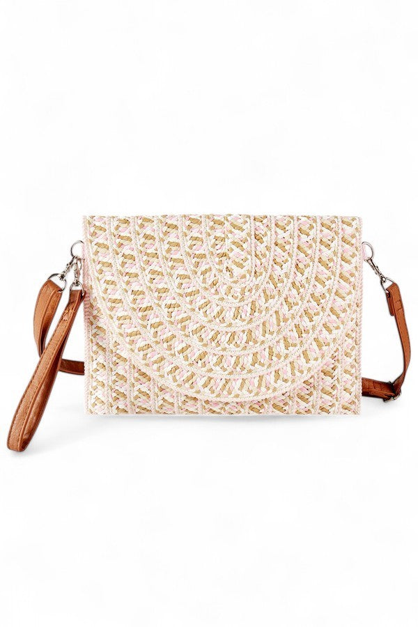 Pink Mix Tone Faux Straw Convertible Crossbody Clutch