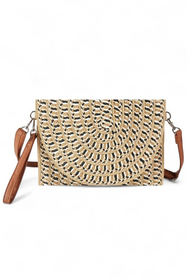 Taupe Mix Tone Faux Straw Convertible Crossbody Clutch