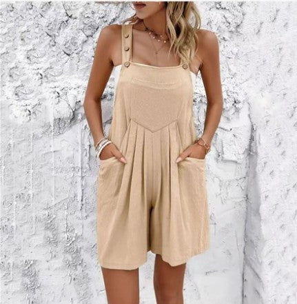 Khaki Casual Womens Linen Overalls