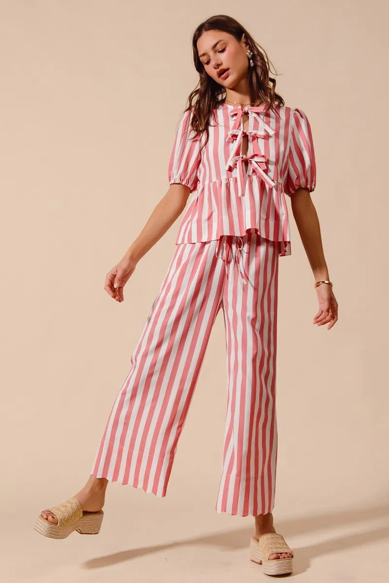 So Me Front Tie Stripe Top With Puff Sleeves And Wide Leg Pants Set