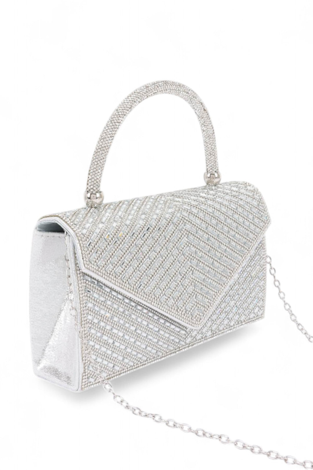 Silver Rhinestone Top Handle Statement Clutch Bag