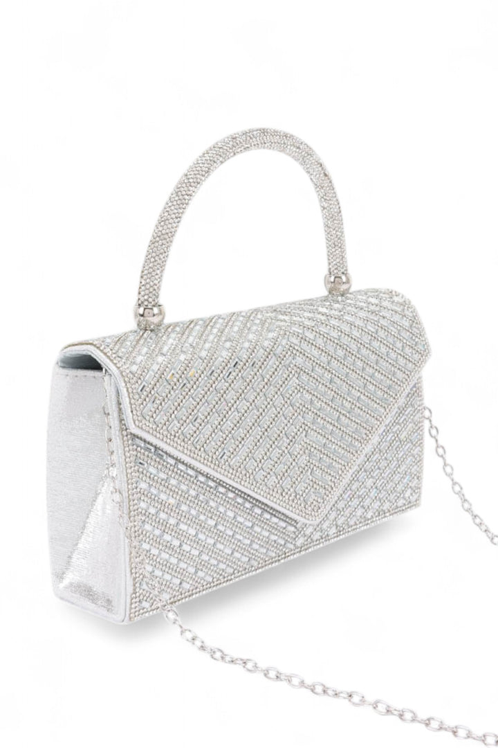 Silver Rhinestone Top Handle Statement Clutch Bag