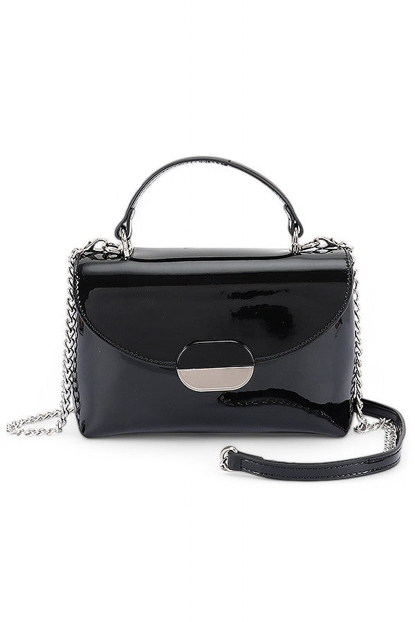 Beige Patent Faux Leather Top Handle Crossbody Bag