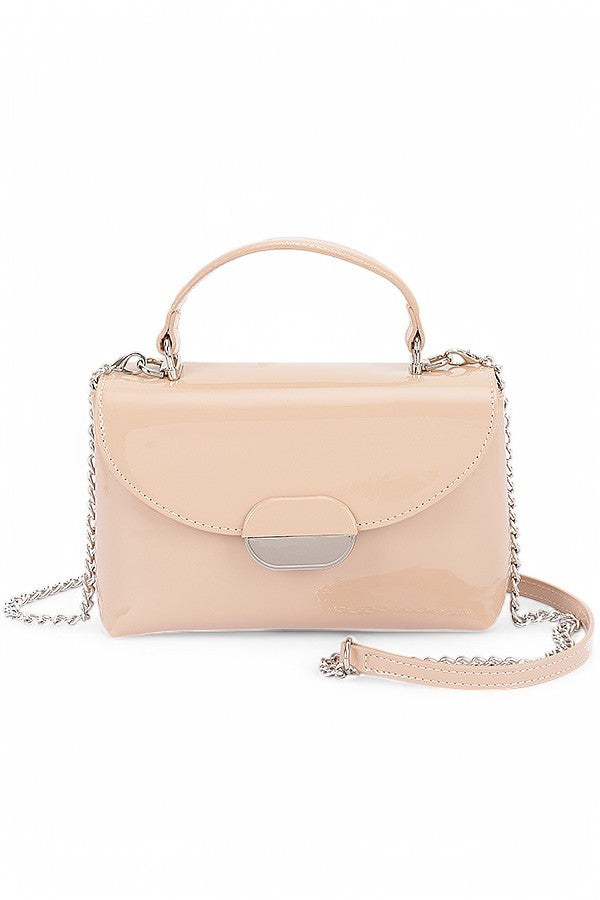 White Patent Faux Leather Top Handle Crossbody Bag