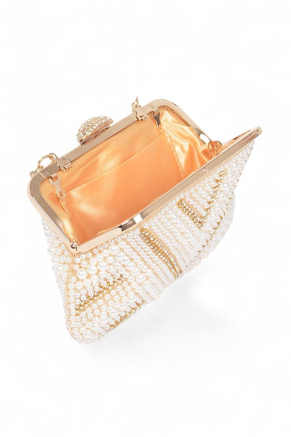 Pearl Rhinestone Beaded Top Handle Clutch Bag